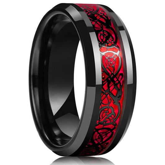 Luckacco Fashion 8mm Black Tungsten Wedding Celtic Dragon Rings Inlaid Blue Zircon Stainless Steel Rings for Men Blue Carbon Fibre Ring