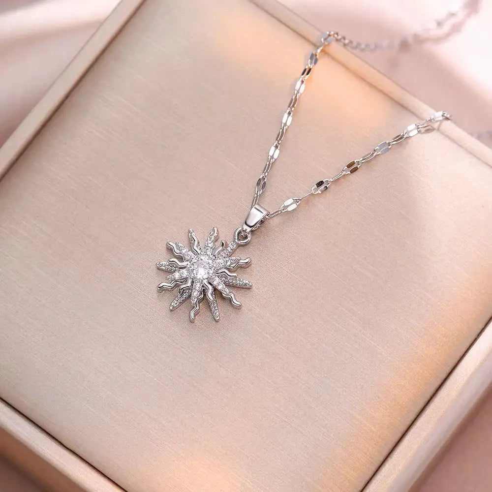 luckacco rotating flower pendant stainless steel chains necklaces for women antique silver color ins white zircon sun clavicle necklace