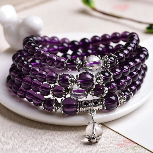 Luckacco 108 Rosary Bracelet Crystal Stone For Women'S Necklace Bracelet Imitation Amethyst Obsidian Stone Ethnic  Buddhis Prayer Jewelry