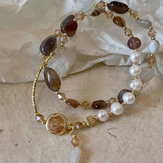 Luckacco Fashion Double Layered Crystal Pearl Splicing Beaded Bracelets for Women Ethnic Crystal Beads Wrap Bracelet Bangle Jewelry Gifts