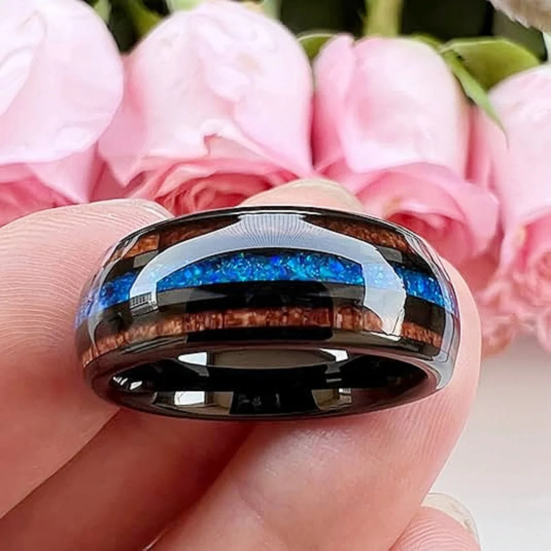 luckacco 8mm unique blue opal inaly men's black stainless steel rings koa wood wedding band jewelry party steel ring accessory
