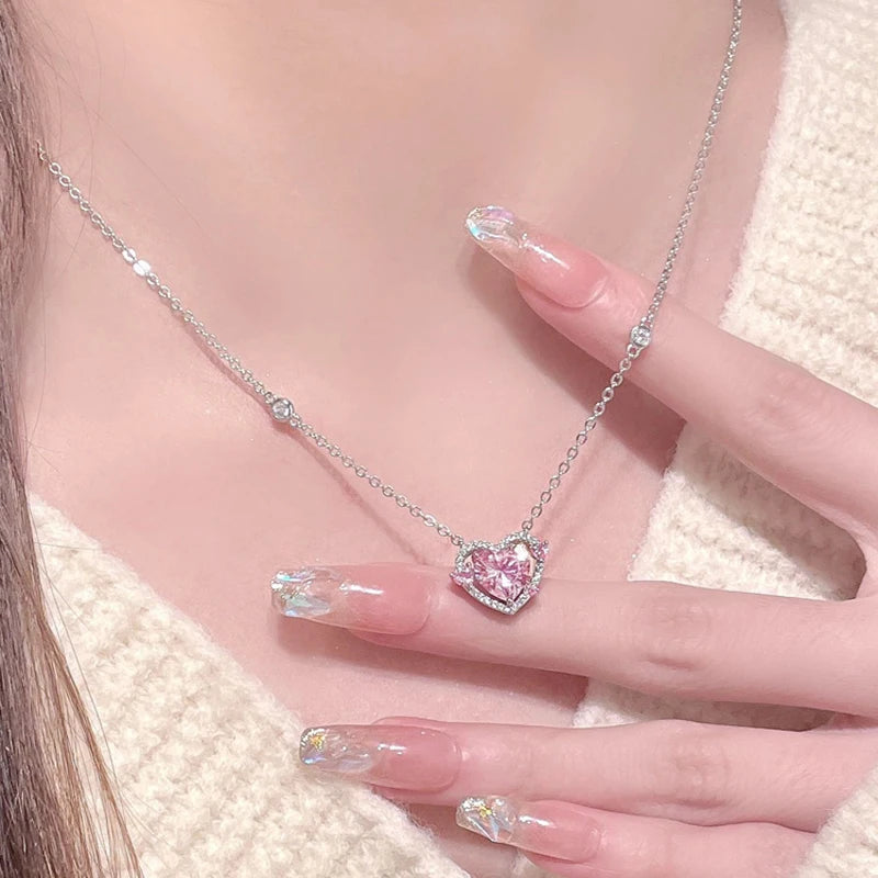 luckacco new 925 sterling silver luxury zircon sweet heart pendant necklaces for women designer jewelry gift female jewelry