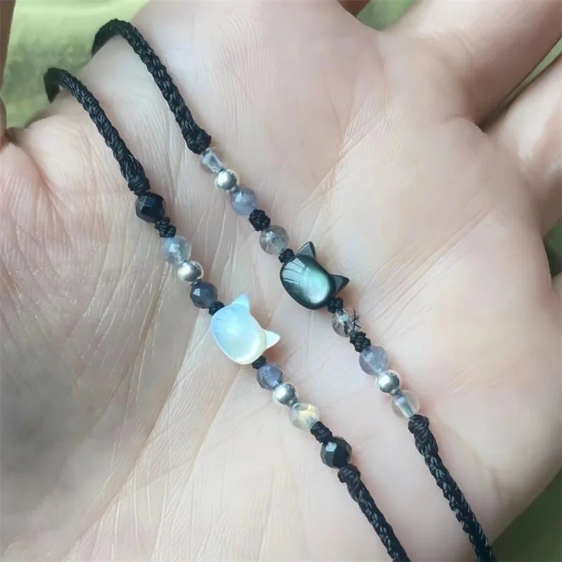 luckacco handmade 2pcs couples cute cat bracelet unique stylish hand rope for women men beaded woven bracelet wrist jewelry gifts