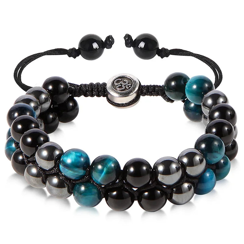 luckacco 8mm natural tiger eye stone adjustable bracelet double layer hand woven  row strand beaded bangles couple party jewelry