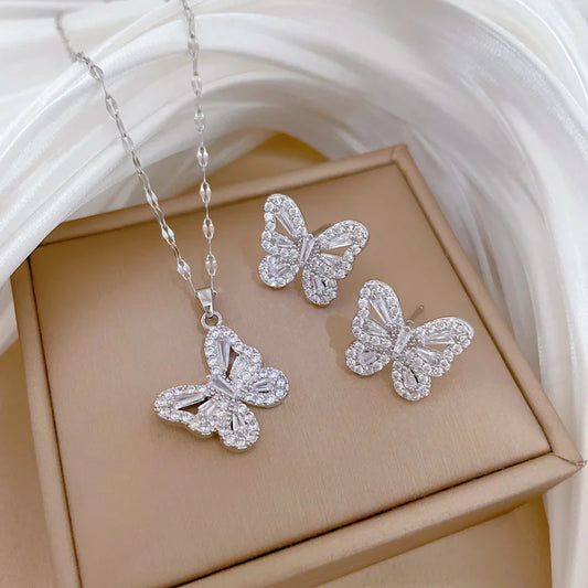 Luckacco 2Pcs Stainless Steel Hollow Crystal Butterfly Pendant Necklace Earrings Sets for Women Luxury Daily Wear Jewelry Set Birthday