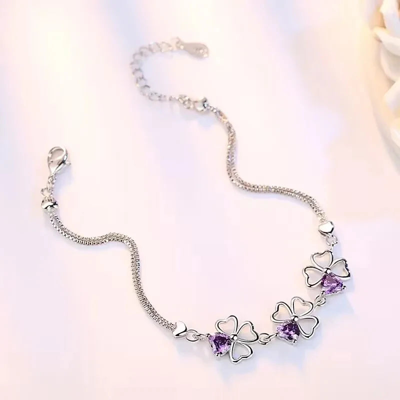 luckacco new fine 925 sterling silver purple crystal lucky clover bracelets for women fashion party wedding accessories jewelry 17cm+4cm