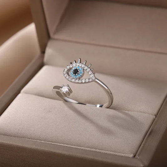 Luckacco Silver Plated Evil Eye Rings for Women Stainless Steel Turkish Zircon Demon Eye Couple Ring Vintage Emo Jewelry Anillos Mujer