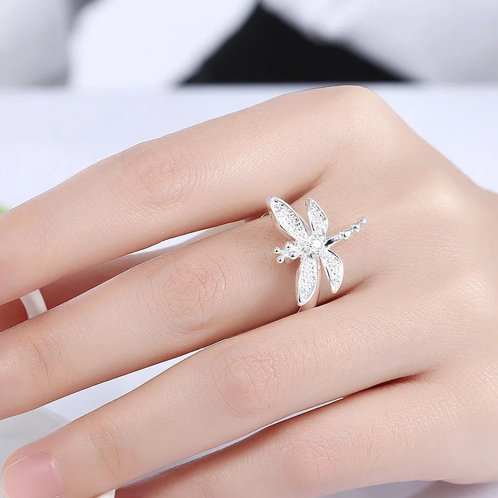 luckacco 925 sterling silver crystal dragonfly necklace earring rings jewelry set for women party wedding  accessories gifts