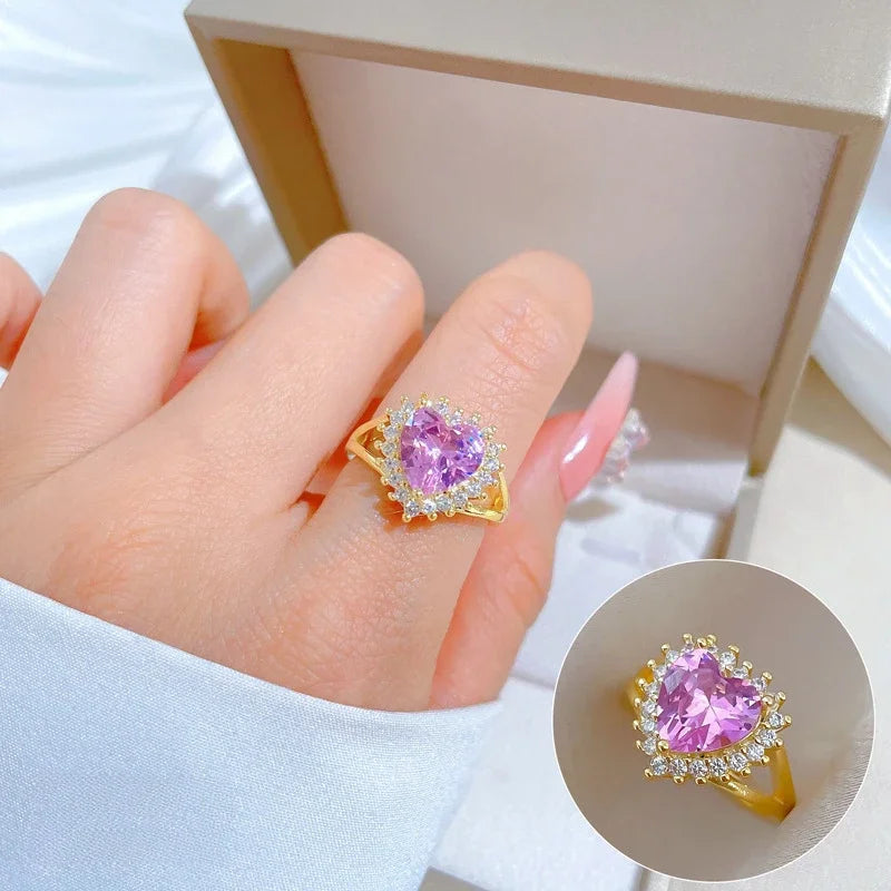 luckacco high quality pink heart crystal adjustable rings for women charm gold color stainless steel wedding bride jewelry gift colorfast