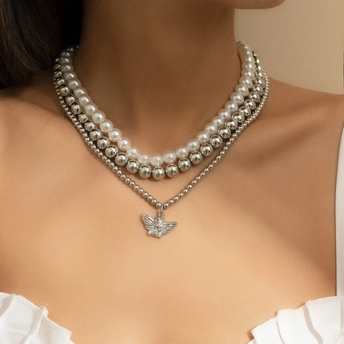 luckacco multi-layer white imitation pearl necklace bead  chain punk ladies wedding short clavicle necklac girl charm banquet jewelry