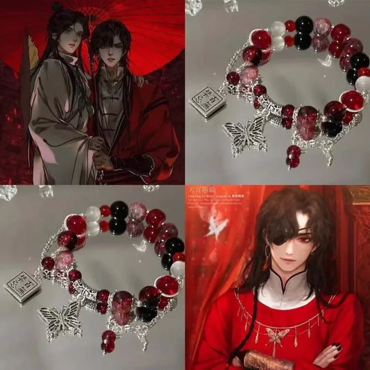 Luckacco Fashion Vintage Red Beaded Chain Bracelet for Women Butterfly Pendant Charm Bracelets Anime Tian Guan Ci Fu Jewelry Accessories