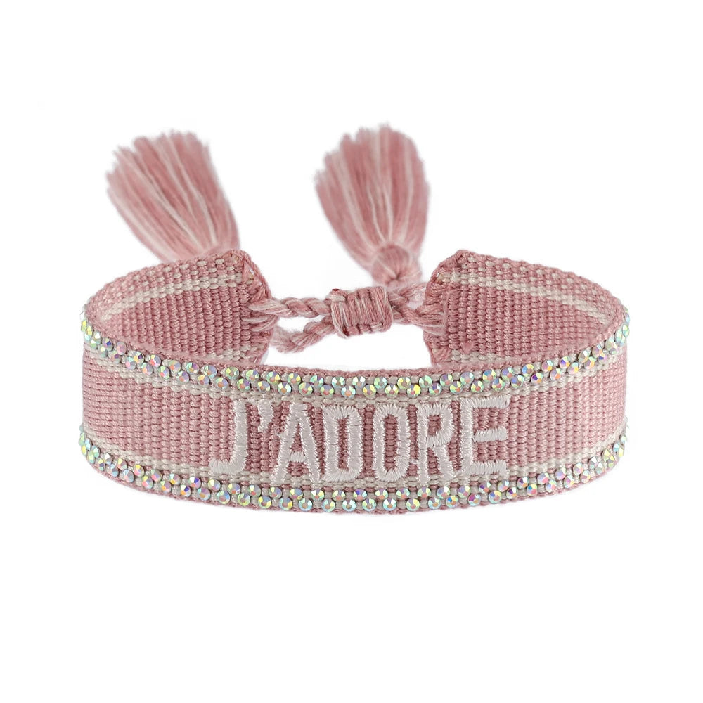 luckacco rhinestone embroidery woven bracelets adjustable rope stackable bangle for women