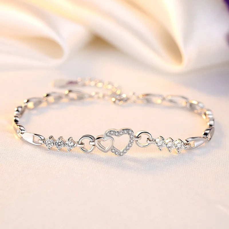 luckacco new 925 sterling silver bracelet purple crystal zircon heart for woman charm bracelet jewelry gift
