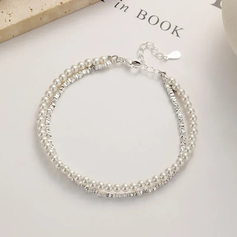 luckacco new 925 sterling silver bracelet pearls knots bracelet for women fashion heart pearls bracelet  luxury jewelry accessories gift
