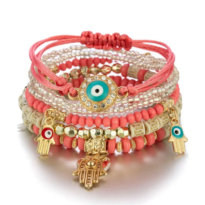 luckacco 6pcs/set bohemian evil eye bracelet set for women fatima hand heart charm beaded rope chain bangle female jewelry gift