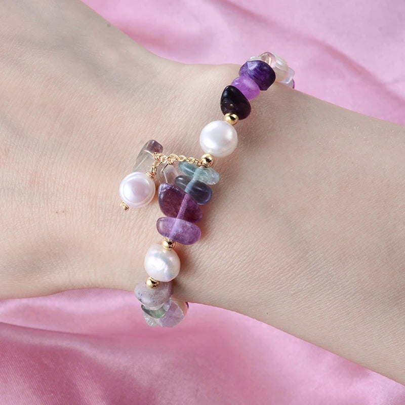 luckacco 100% natural freshwater pearl & purple crystal 14k gold filled female charm bracelet jewelry for women christmas gifts no fade