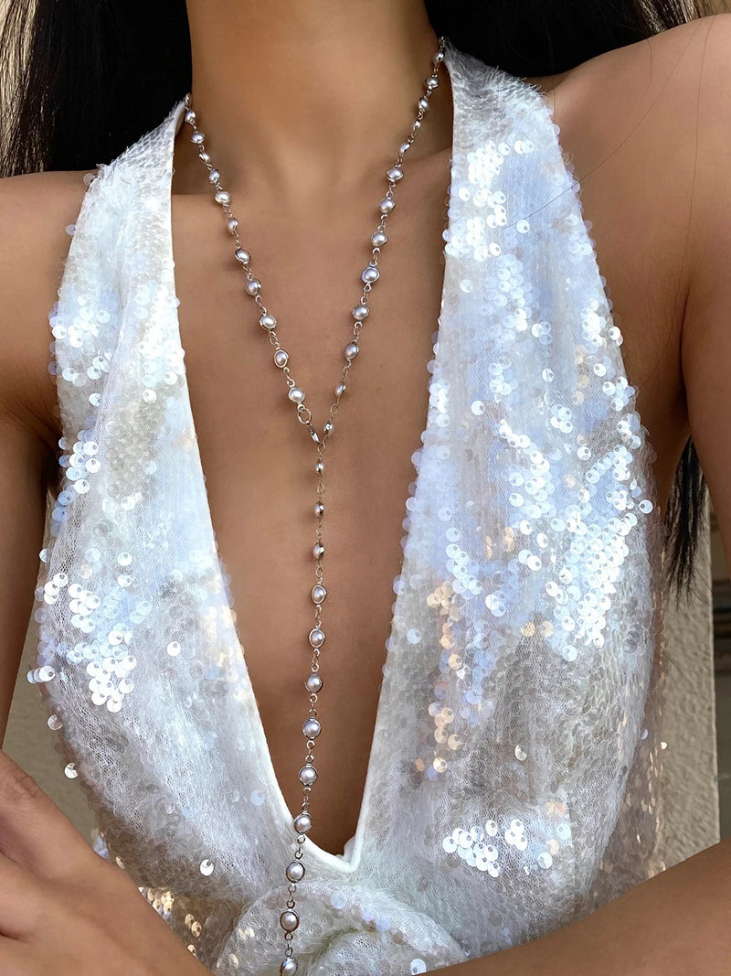 luckacco 2025 new french retro pearl long chain tassel necklace ladies gentle trend elegant holiday accessories y2k simple jewelry 80cm