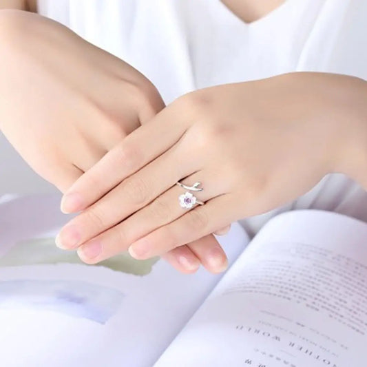 Luckacco Light Luxury Open Finger Ring Temperament Adjustable Cherry Blossom Cuff Ring Pink Rhinestone Elegant Daily Jewelry Female