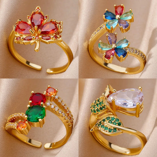 Luckacco 2025 Fashion Colorful Zircon Flower Rings For Women Gold Color Stainless Steel Finger Ring Trend Luxury Boho Aesthetic Jewelry