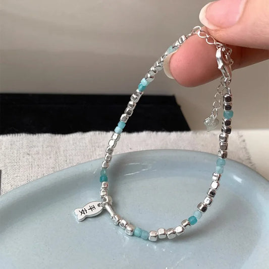 Luckacco New 925 Silver Geometric Bead Punk Peace of Mind Words Irregular String Bracelet For Woman Girl Fashion Jewelry Gift Dropship