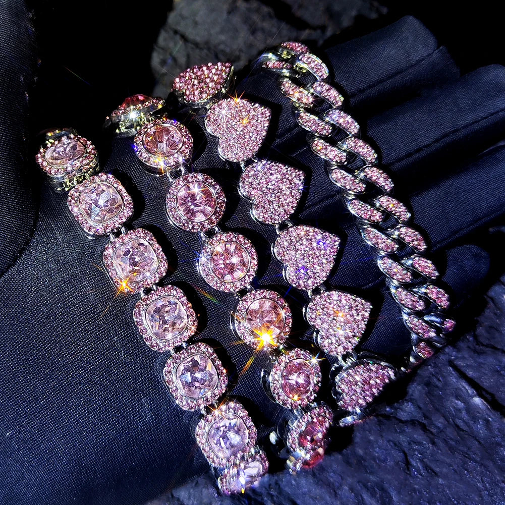 luckacco iced out pink cuban bracelet for women hip hop gold silver color crystal heart circle square bracelet 4pcs set jewelry gift