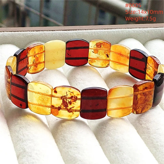 Luckacco Natural Piebald Amber Bracelet Rectangle Beads Blood Red Yellow Flower Amber Women Men Healing Stretch Jewelry AAAAA
