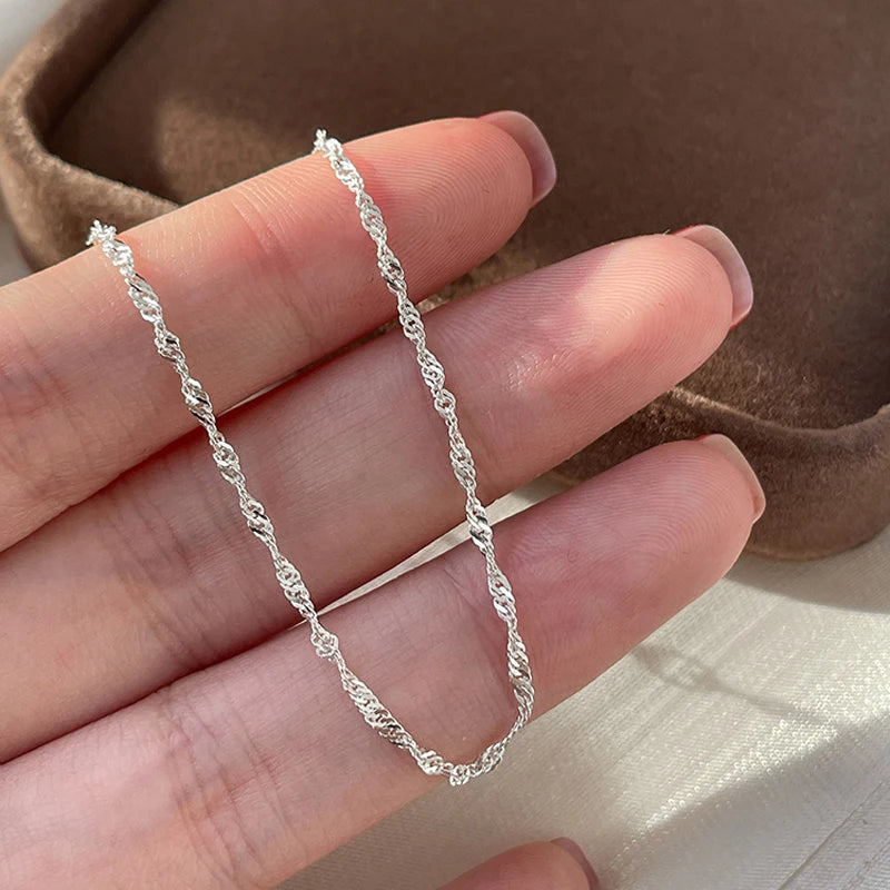 luckacco 50cm 925 sterling silver sparkling water wave chains necklace smooth choker simple women for girls wedding gift fine jewelry
