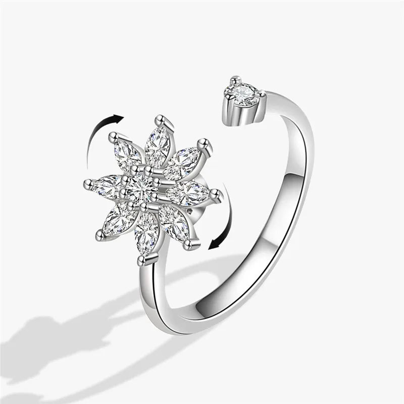 luckacco fashion fidget spinner ring anxiety for women multiple crystal sunflower finger rings rotate anti stress jewelry wedding gift