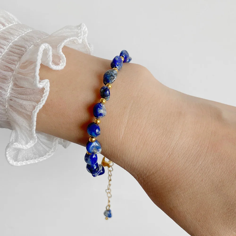 luckacco natural crystal gravel stone bracelets for women healing irregular amethysts lapis lazuli rose quartzs chain bracelet jewelry