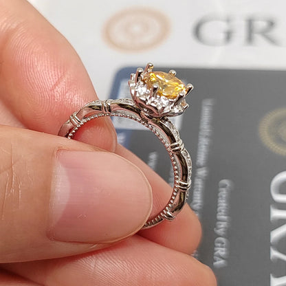Luckacco 100% True1ct Yellow Green Moissanite Vintage Ring GRA Certificate Passed Diamond Test Women Anniversary Jewelry Gift S925 Silver