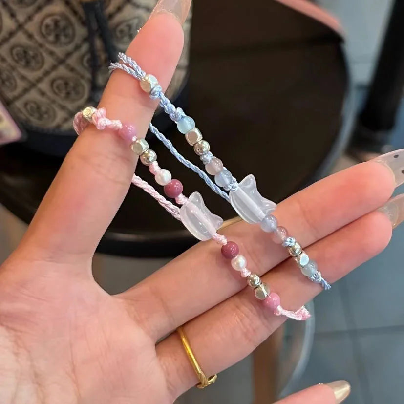 luckacco handmade 2pcs couples cute cat bracelet unique stylish hand rope for women men beaded woven bracelet wrist jewelry gifts