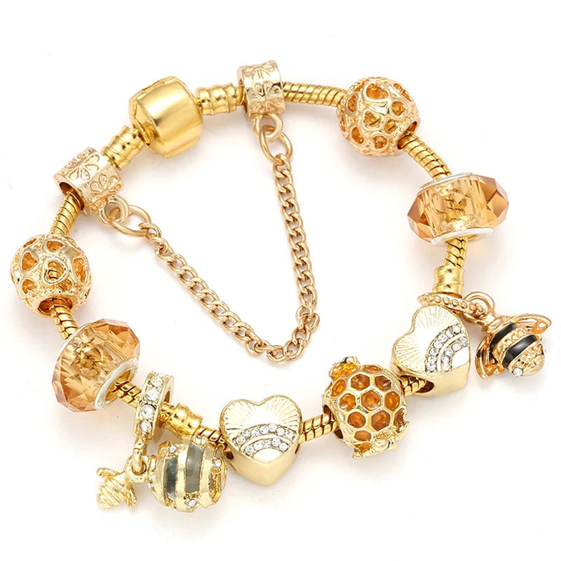 luckacco togory 2024 authentic gold color bees dangles charm bracelet white crystal beads fine bracelet for women kids birthday gifts