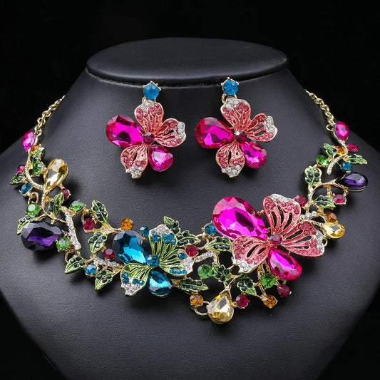 Luckacco Gorgeous Colorful Crystal Rhinestone Lucky Necklace Earring Set Wedding Party Costume Jewellery NewStyle Trendy design Girl Gift