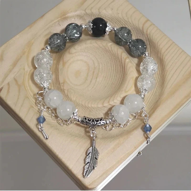 luckacco fashion chinese style feather butterfly pendant beaded bracelet for girls women light luxury jewelry accessories gift