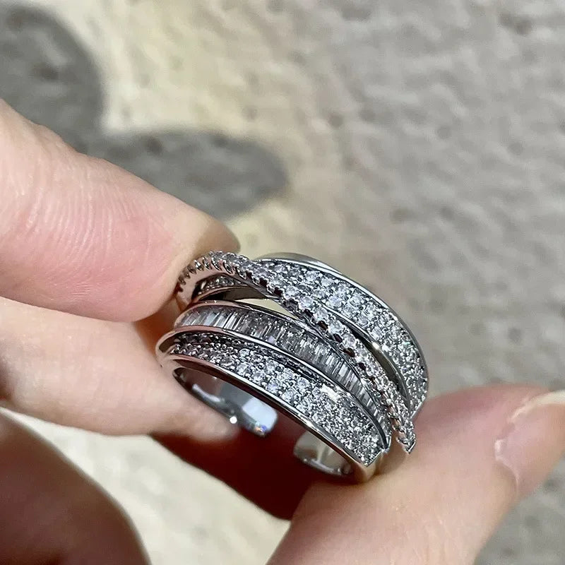 luckacco 2024 silver color rhinestone ring multi-layer winding rings for women wedding full zircon finger rings fashion jewelry gifts