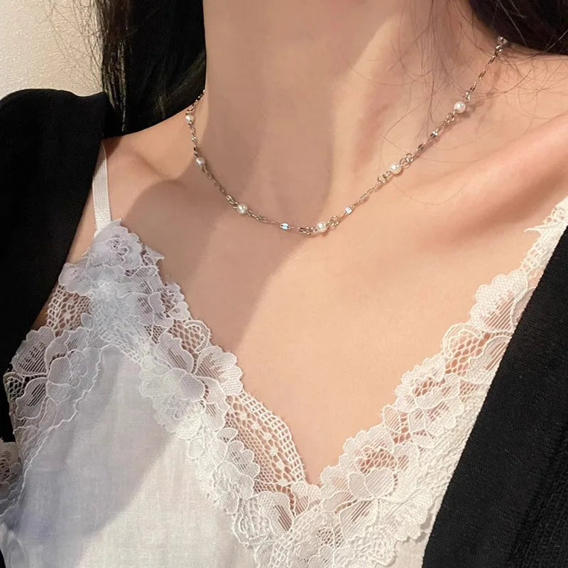 luckacco new trendy fashion 925 silver pearl simple elegant thin chain pendant necklace for women girl jewelry dropship