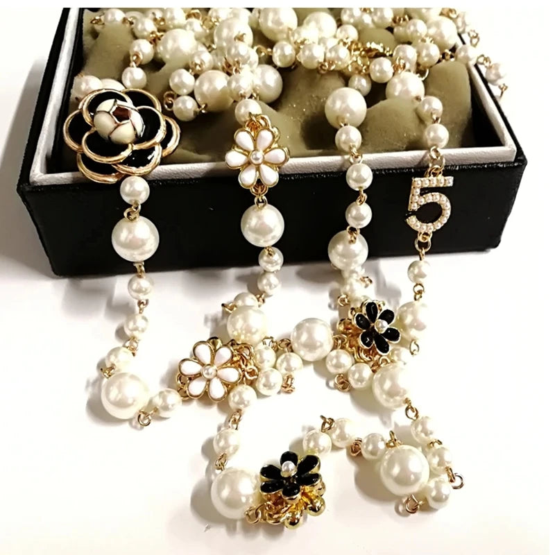 luckacco mimiyagu long simulated pearl necklace for women  double layer  pendant sweater chain  party  jewelry