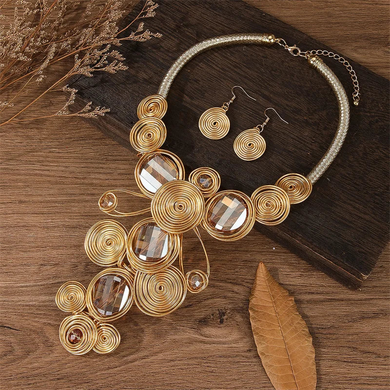 luckacco new exaggerate aluminium flower colorful jewelry set for women african bridal necklace earrings set party jewellery gifts