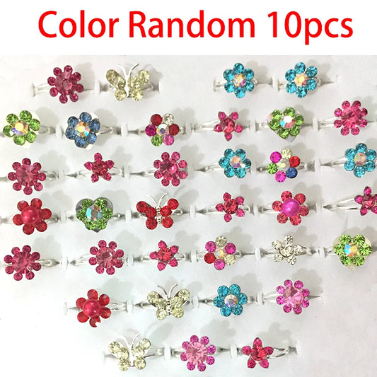 Luckacco 10pcs Cute Cartoon Kids Rings Kawaii Korean Children Girls Flower Alloy Finger Ring Child Jewelry Gift Adjustable Rings