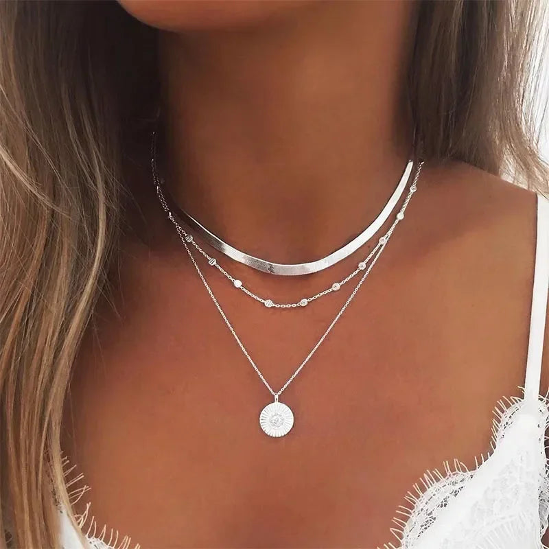 luckacco women girls silver color simple three layer necklace shiny long bar pendant women wedding gifts exquisite accessories