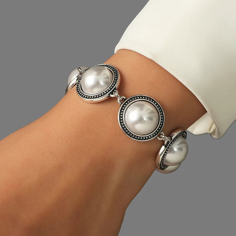 luckacco fashion boho vintage round pearl bracelets bangles for women blue red black bead vintage bohemian adjustable bracelet jewelry