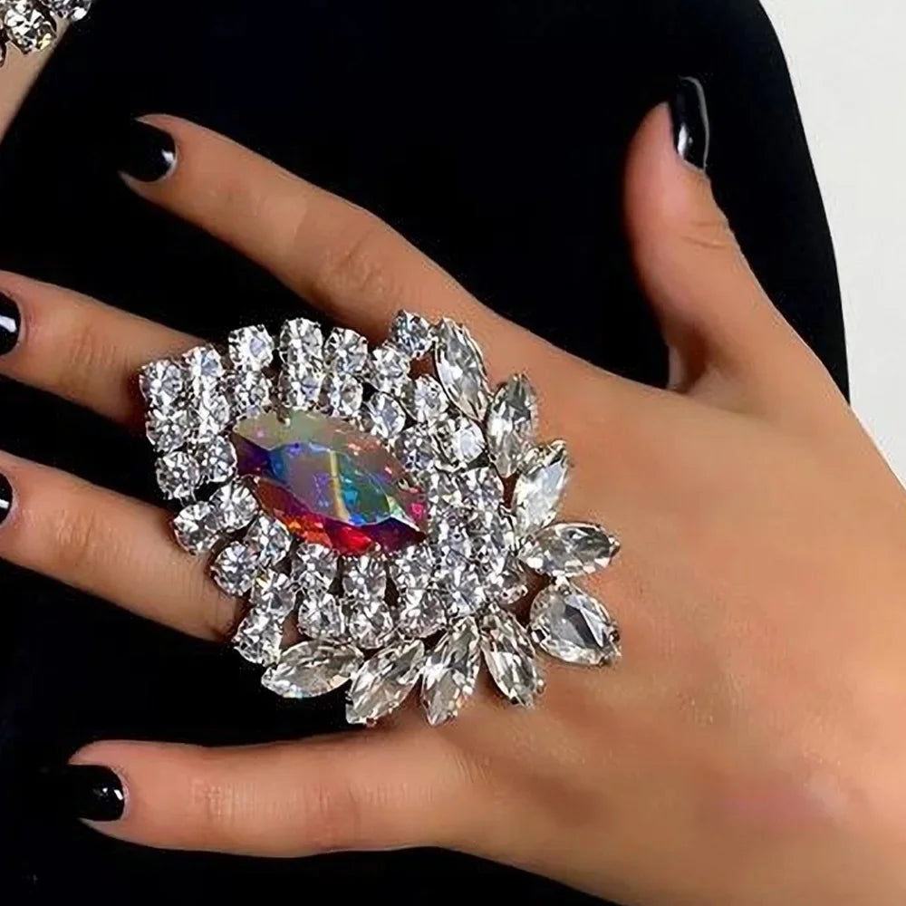 luckacco shiny colorful crystal large rings adjustable wedding jewelry exaggerated rhinestone finger rings jewelry accessories