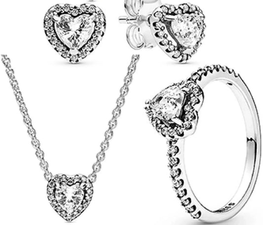 Luckacco New 925 sterling silver heart-shaped pink ring necklace earring set luxurious sparkling charm jewelry fashion wedding gift