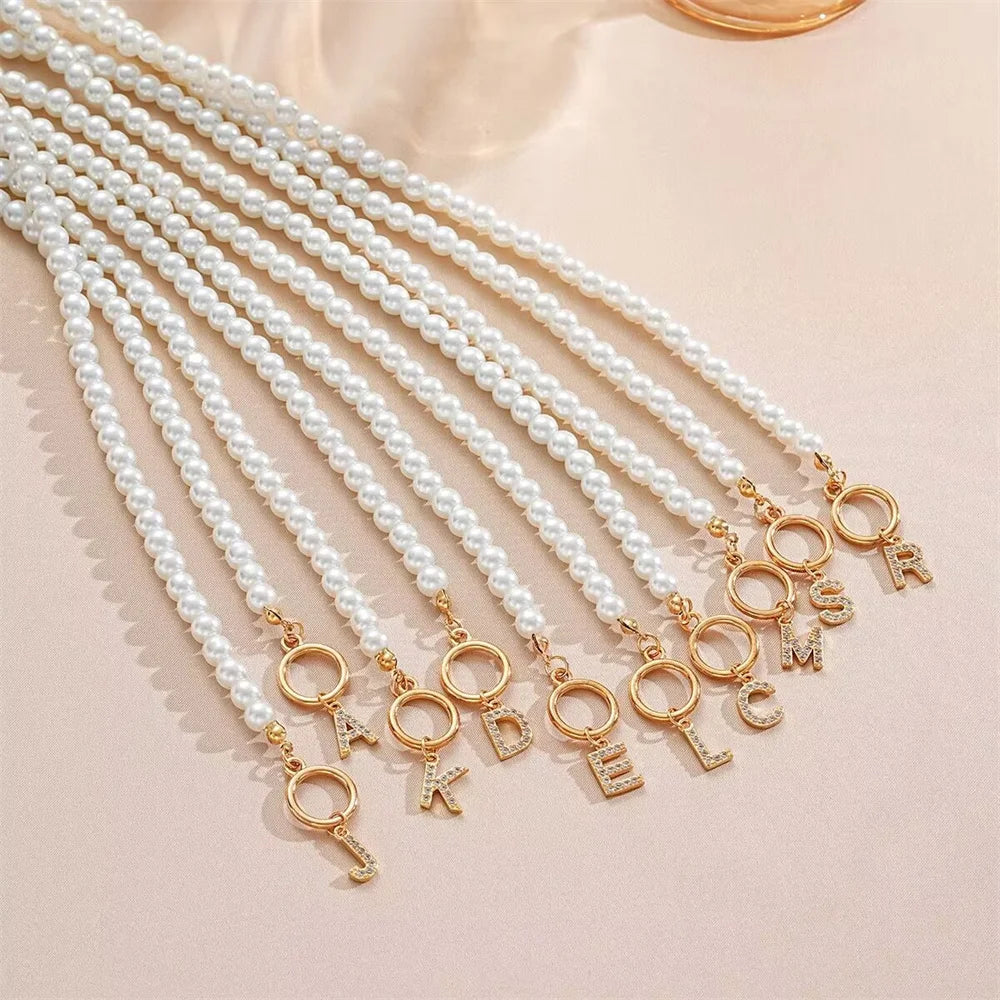 luckacco plastic pearl chain obuckle necklace set with crystal  26 letter pendant collarbone chain name necklace