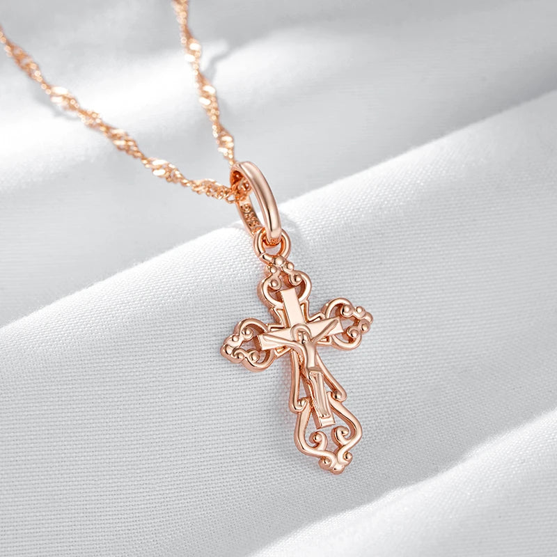 luckacco kinel luxury 585 rose gold color cross pendant necklace for women men orthodox church jesus glossy charm daily fine jewelry
