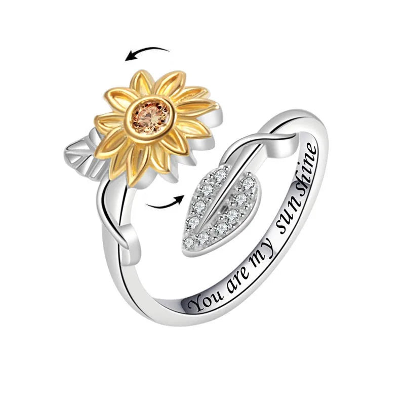 luckacco fashion fidget spinner ring anxiety for women multiple crystal sunflower finger rings rotate anti stress jewelry wedding gift