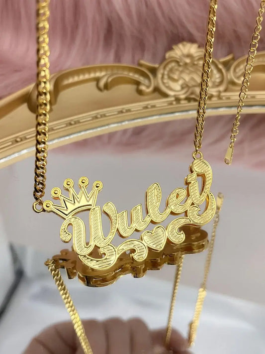 Luckacco 18K Gold Plated Nameplate Necklace Personalized Double Layer 3D Necklaces With Heart Customized Name Stainless Steel Jewelry Necklaces Style3