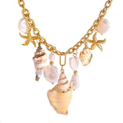 Luckacco Youthway-Collier Bohème en Acier Inoxydable pour Femme, Grande Perle Imperméable, Pendentif Conque Étoile de Mer, Bijoux de Plage Océan