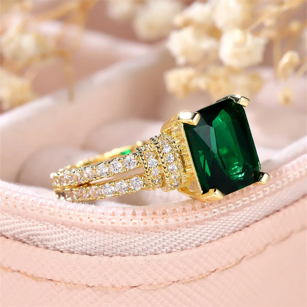 luckacco green crystal square stone engagement rings for women yellow gold color wedding band jewelry may birthstone mother's day gifts