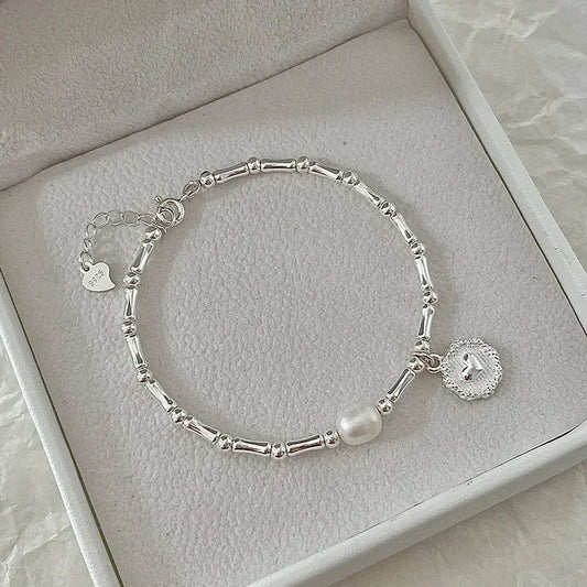 Luckacco New 925 Sterling Silver Bracelet Pearls Knots Bracelet for Women Fashion Heart Pearls Bracelet  Luxury Jewelry Accessories Gift